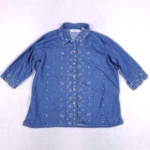 Victoria Jones Woman Denim Shirt 2X Floral Embroidered Button Up Vintage Cottage